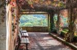 Loggia At The Restuarant Iin The Castle Gardens In Rothenburg Stock Photo