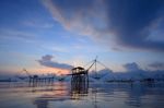 Silhouette Traditional Fishing Method Using A Bamboo Square Dip Stock Photo