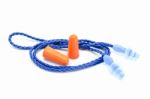 Blue And Orange Earplugs With A String On White Background Stock Photo