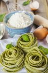 Traditional Italian Raw Homemade Spinach Pasta Stock Photo