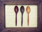 Wooden Tea Spoon Design In Wooden Frame Stock Photo