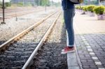 Tourists Man Are Enjoying The Train Station Stock Photo