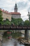 < Mixed People Canoeing Down The Vlatava River To Krumlov> Stock Photo