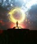 A Man Standing On The Roof Of The Car At Night Stock Photo