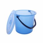 Blue Bucket With Opened Cover On White Background Stock Photo