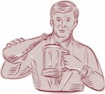 Man Pouring Beer Mug Etching Stock Photo