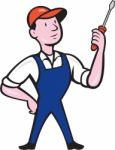 Electrician Standing Holding Screwdriver Cartoon Stock Photo