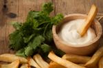 Fries French Sour Cream Herb Still Life Close Up Stock Photo