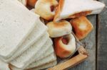 Many Breads On Wooden Stock Photo