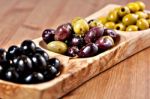 Variety Of Green, Black And Mixed Marinated Olives Stock Photo