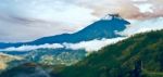 Hermosa Valley With Eruption Of A Volcano Tungurahua And Town Ba Stock Photo