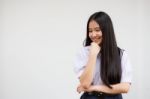 Portrait Of Thai High School Student Uniform Beautiful Girl Think Stock Photo