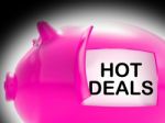 Hot Deals Piggy Bank Message Shows Cheap And Quality Products Stock Photo