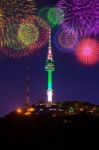 Seoul Tower And Firework In Korea Stock Photo