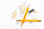 Broken Pencil With Metal Sharpener And Shavings Stock Photo