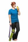 Curvy Woman Carrying Yoga Mat Stock Photo