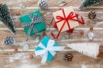 Christmas Background With Gift Box And Christmas Tree Stock Photo