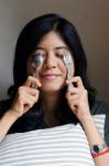 Funny Woman With Spoon And Fork Stock Photo