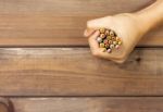 Set Of Colored Pencils In Female Hands On A Background Of Dark W Stock Photo