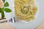 Italian Traditional Basil Pesto Pasta Ingredients Stock Photo