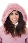 Permed Hair Woman Wearing Pink Hood Winter Jacket Stock Photo