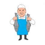 Fishmonger Holding Selling Fish Cartoon Stock Photo