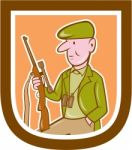 Hunter Holding Rifle Shield Cartoon Stock Photo