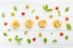 Ingredients For Homemade Pasta On Wooden Background Stock Photo