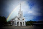 Rainbow Bridge And Church Stock Photo