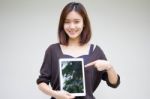 Portrait Of Thai Adult Student University Beautiful Girl Using Her Tablet Stock Photo