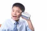 Lovely Boy Listen Tin Can Telephone Stock Photo