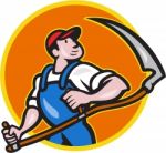 Farmer Worker Holding Scythe Circle Cartoon Stock Photo