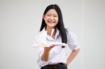 Asia Thai High School Student Uniform Beautiful Girl Read A Book Stock Photo