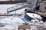 Destroyed  By Thunderstorm Piers With Boats In Verbania, Italy Stock Photo