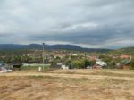 Mountain Panorama, Landscape And Buildings Stock Photo