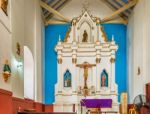 Main Altar In San Roque Church In Cartagena, Colombia Stock Photo