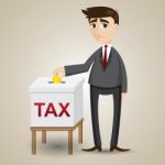 Cartoon Businessman Drop Gold Coin In Tax Box Stock Photo