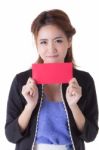 Officer Women In Working Suit Showing Red Envelope Stock Photo