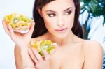 Girl With Two Bowl Full Of Fruit Stock Photo