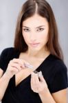 Woman Hold Contact Lenses Cases And Lens Stock Photo