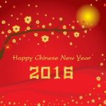 Happy Chinese New Year 2016 Card And Colorful Flower On Red Background Stock Photo