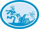 Man With Snow Blower Oval Cartoon Stock Photo