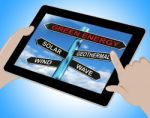 Green Energy Tablet Means Solar Wind Geothermal And Wave Stock Photo