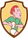 Rugby Player Running Ball Shield Cartoon Stock Photo