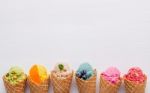 Various Of Ice Cream Flavor In Cones Blueberry ,strawberry ,pist Stock Photo