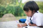 Asian Girl Doing Homework Stock Photo