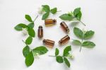 Dark Brown Bottles Of Essential Oil With Jasmine Flower Stock Photo