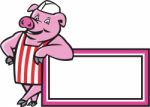 Butcher Pig Leaning On Sign Cartoon Stock Photo