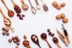 Spoon Of Various Legumes And Different Kinds Of Nuts Walnuts Ker Stock Photo