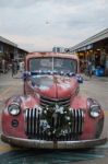 Old Vintage Red Chevrolet Truck At Night Market, Srinakarin Road Stock Photo